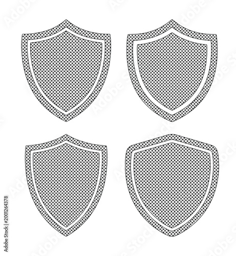 盾のアイコンセット, セキュリティと保護を象徴する4種類のシールドベクター素材, メッシュ模様のテクスチャが施されたモノトーンのエンブレムデザイン, 情報セキュリティやサイバー防衛のコンセプトイラスト