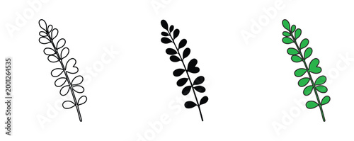 手書き風の植物の葉のベクターイラストセット、シンプルな枝葉のラインアートとシルエットとカラーの3種類、ナチュラルなボタニカルデザイン素材、オーガニックでミニマルな葉っぱのアイコン、ロゴやパッケージデザインに最適な装飾パーツ