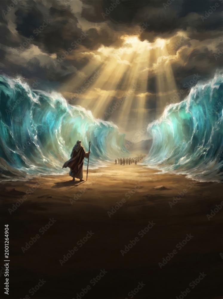 Fototapeta premium Moses Parting the Red Sea Miraculous Biblical Event with Divine Light.