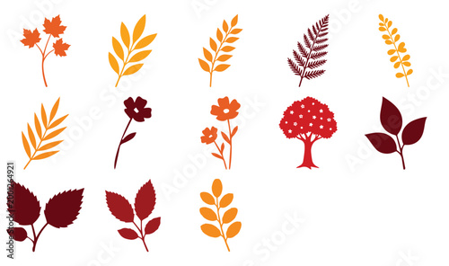 秋の植物イラストセット、紅葉した木の葉と花のベクター素材13種類。オレンジや赤の暖色系ボタニカルデザイン、季節の装飾やバナーに最適なフラットアイコン。メープルやシダの葉、樹木のシルエットを含む秋の自然コレクション。