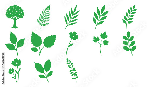 緑の葉と植物のシルエットアイコン13点セット, 自然をテーマにしたフラットなベクターイラスト素材, 木やシダの葉を含むエコロジーなデザインエレメント, ウェブや印刷物で使えるシンプルなグリーンの植物グラフィック