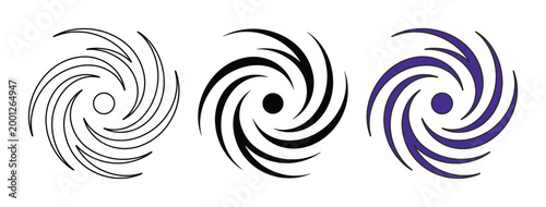 渦巻き状の銀河をイメージした抽象的なベクターアイコン3点セット。ダイナミックな回転とエネルギーを感じさせるスパイラルデザイン。ミニマルな線画、黒のシルエット、紫のカラーバリエーション。宇宙、科学、テクノロジー、ロゴデザインの素材として最適なグラフィック要素。