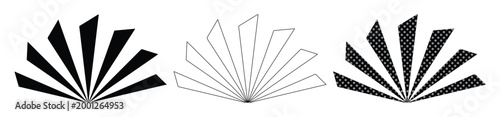 幾何学的な扇形の抽象的なアイコンセット, 放射状に広がるシャープなラインのベクター素材, ミニマルな黒のシルエットとアウトラインのデザイン, モダンなロゴやグラフィック装飾に最適な3種類のバリエーション