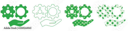 エコフレンドリーな緑色の歯車と手のアイコンセット、持続可能な産業とメンテナンスを象徴する4種類のベクターイラスト、環境に優しい技術とエンジニアリングのコンセプト、クリーンエネルギーと製造業のビジネス素材