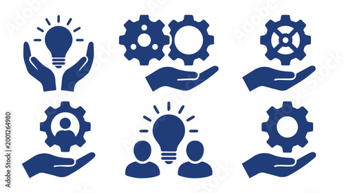 ビジネスコンセプトのアイコンセット, 手のひらで支える電球と歯車のベクターイラスト, 6種類のフラットな青いピクトグラム, アイデアの創出と技術革新を表現するグラフィック素材, チームワークとソリューションのシンボル