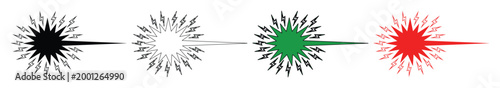 レーザー光線の火花と閃光のベクターイラストセット、鋭い光のエネルギーを表現した4種類のカラーバリエーション、SFやテクノロジーを象徴する抽象的な光の爆発アイコン、グラフィックデザイン用の輝くスパーク素材