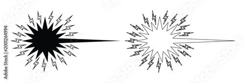 雷の閃光と爆発のベクターアイコンセット、電気エネルギーのスパークと稲妻のグラフィック、漫画やアニメーションの衝撃エフェクト、白黒のフラットなデザイン素材