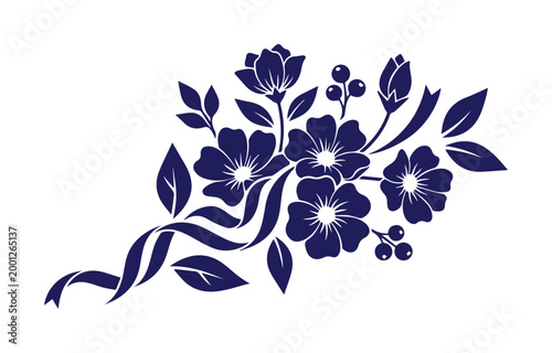 エレガントな花のシルエットのベクターイラスト、ネイビーブルーのボタニカルな花束のデザイン、洗練されたフローラル装飾のグラフィック素材、結婚式の招待状やロゴデザインに最適な植物のオーナメント