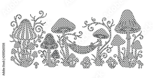 ヴィンテージ風のキノコとハンモックのイラスト、繊細なドット模様のボタニカルなベクター素材、森の植物とキノコの幻想的なモノクロデザイン、自然をテーマにした装飾的な横長バナー背景