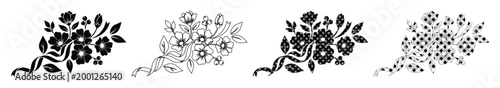 ヴィンテージ風の花のイラストセット, 4種類の異なるスタイルで描かれたボタニカルなブーケのベクター素材, モノクロのシルエットと線画によるエレガントな植物デザイン, 結婚式の招待状やロゴ制作に最適な装飾パーツ