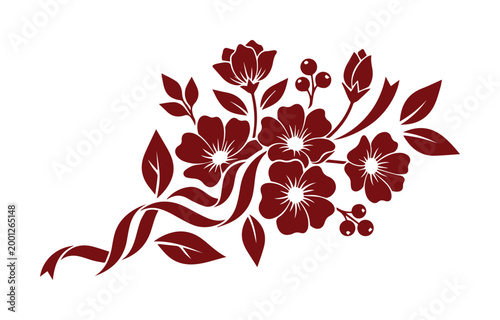 エレガントな花のブーケのベクターイラスト, ボルドーカラーの植物シルエットとリボンの装飾, クラシックなフラワーアレンジメントのグラフィック素材, 結婚式や招待状に最適なボタニカルデザイン