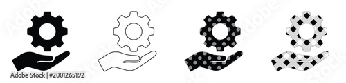 歯車を乗せた手のアイコンセット、4種類のバリエーションを持つベクターイラスト。ビジネスのサポートやメンテナンスを象徴するギアと手のシンボル、カスタマーサービスや技術支援のコンセプト。黒のシルエット、アウトライン、ドット柄、チェック柄のデザイン。UIデザインやプレゼン資料に最適なフラットアイコン。