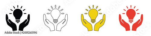 電球と手を組み合わせたアイデアのアイコンセット, 閃きや創造性を表現する4種類のベクター素材, ビジネスの解決策やイノベーションを象徴する電球のイラスト, 黒と白と黄色と赤のカラーバリエーション