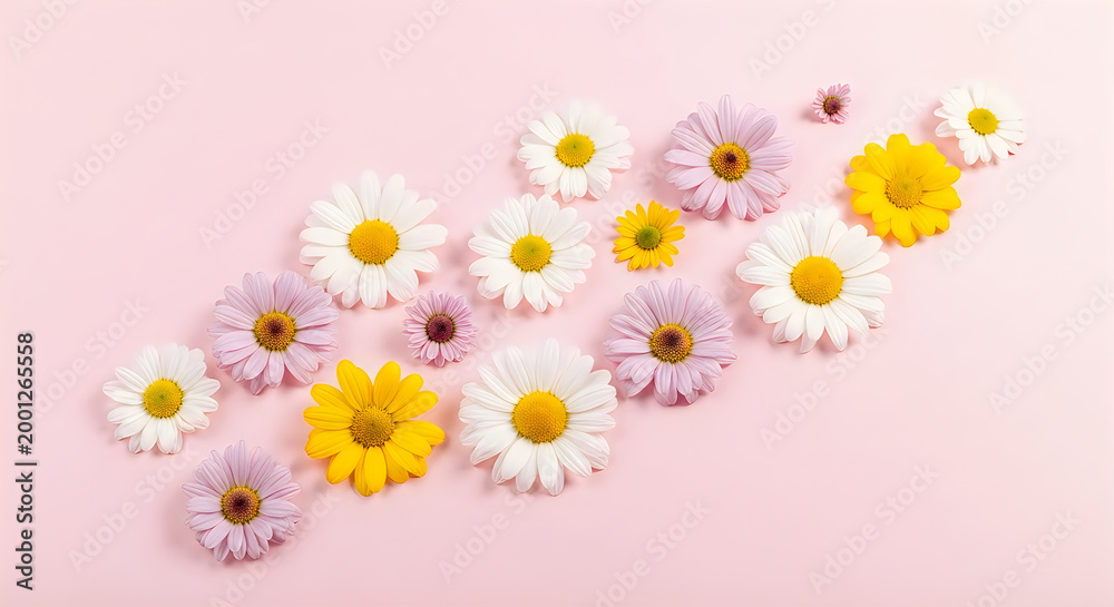 Fototapeta premium Delicate daisy arrangement on a soft pink background