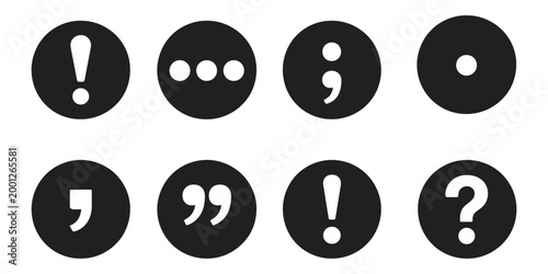 Punctuation mark icon set, grammar writing tools educational concept, vector illustration collection for language learning, editing symbols, typography and communication design