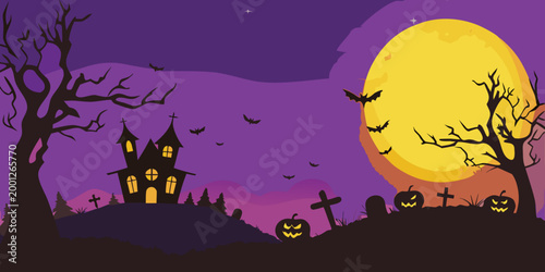 spooky halloween landscape with haunted house and full moon