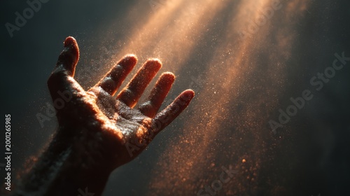 Hand reaching upward toward golden sunlight rays