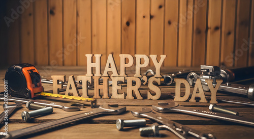 Happy father's day celebration with tools and wooden letters