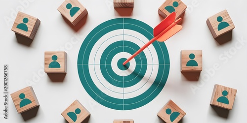 Strategic customer targeting for business success, shown by an arrow in a bullseye surrounded by human icons, representing precise marketing and effective audience focus