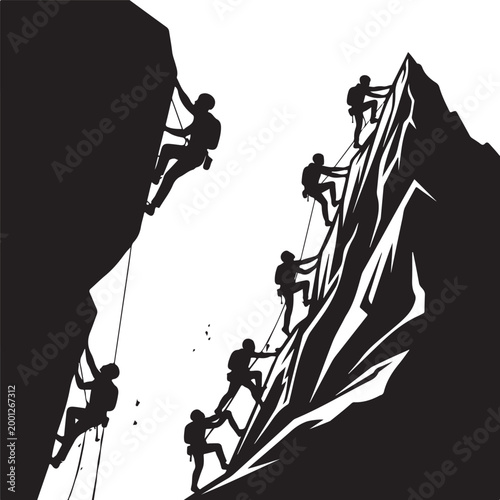 Climbing, mountain, adventure, teamwork, silhouette, black, vector, illustration, rock, climbing team, ascent