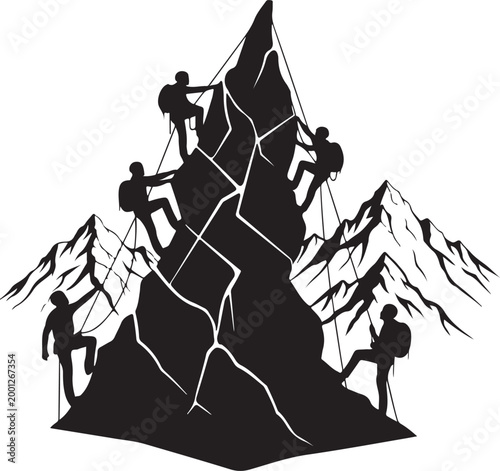climbing, mountain climbers, adventure, teamwork, black silhouette, vector illustration, outdoor activity, expedition, summit