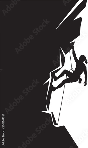 Black silhouette rock climber, climbing wall, adventure sports, monochrome illustration, vector graphic