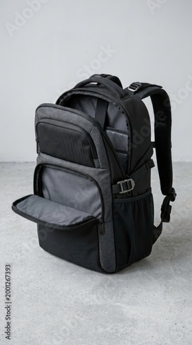 Black backpack with opened compartment, product photography, studio shot.