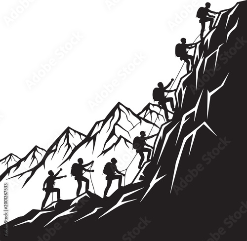 Black silhouette mountain climbers, climbing steep rocky peaks, adventure sports graphics, vector icons