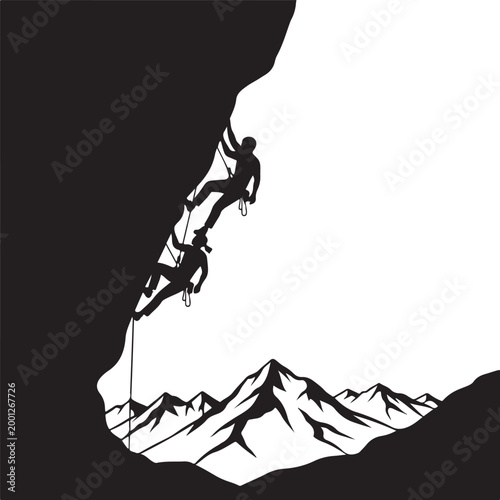 Black and white, climbing, mountain climbers, adventure sports, silhouette illustration
