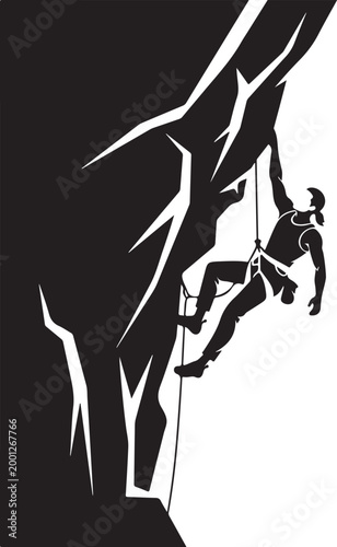 Rock climbing, adventure sports, black silhouette, vector illustration, extreme athlete