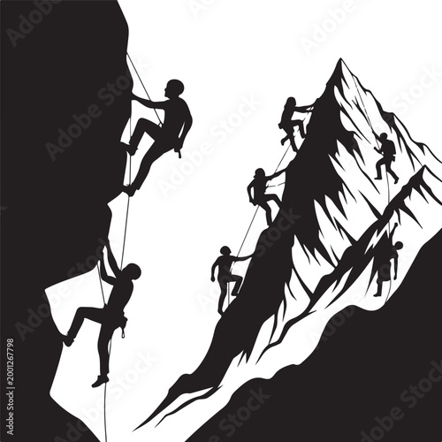 Black silhouettes, mountain climbers, climbing, teamwork, adventure, vector illustration, monochrome, rock climbing, mountaineering