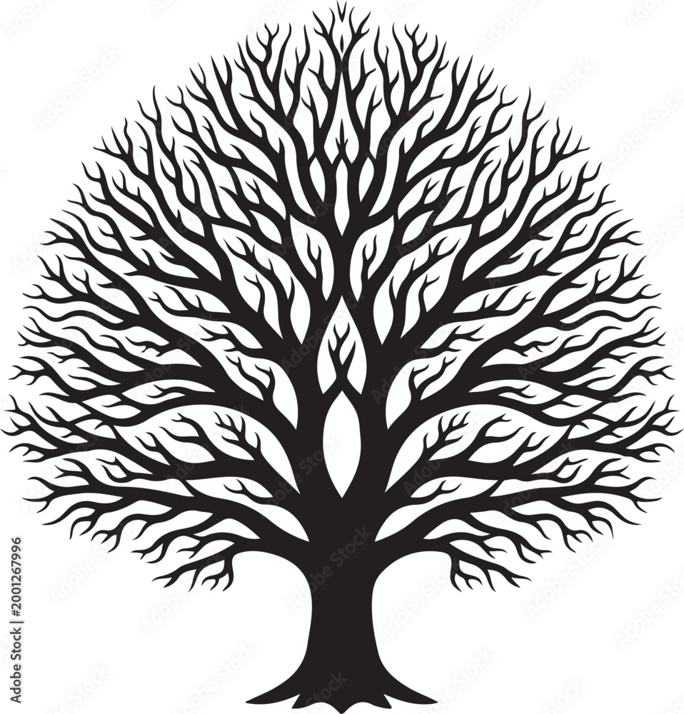 Obraz premium Black tree silhouette, bare branches, vector tree icon, minimalist design element