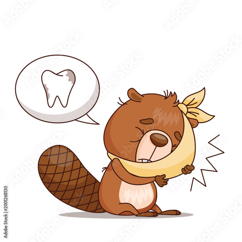 A very cute cartoon beaver is holding its cheek, clearly showing discomfort because of a toothache it has
