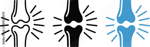 Knee, injury and inflammation icon collection with joint pain arthritis and swelling concepts, healthcare clinic wellness vector illustration isolated on white background.
