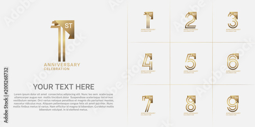 Anniversary logo type set with double line number. golden color for celebration event