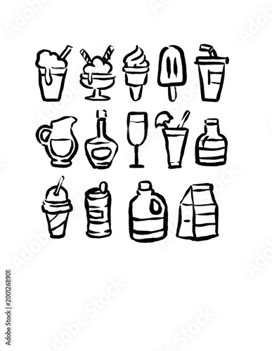A set of hand-drawn sketches featuring various beverages and frozen treats. The collection includes milkshakes, ice cream