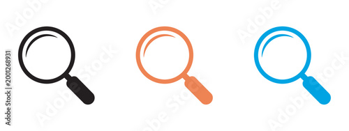 Magnifying glasses minimalist vector illustration, three vibrant black orange blue icons for search analysis problem solving business marketing education concept