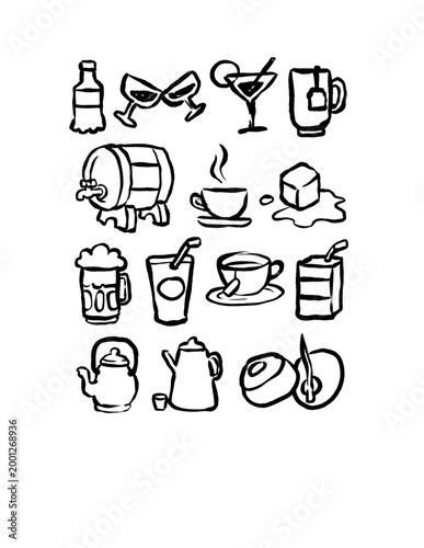A versatile set of hand-drawn beverage doodles featuring coffee, tea, cocktails, and beer