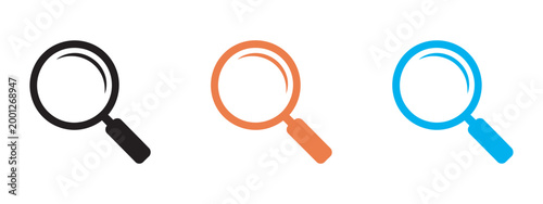 Magnifying glasses minimalist vector illustration, three vibrant black orange blue icons for search analysis problem solving business marketing education concept