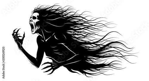 Screaming Ghost Silhouette with Flowing Hair on White Background