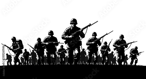 Silhouette Army Soldiers Marching, War Concept, Military Force