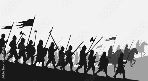 Silhouette army marching with flags and weapons, medieval warriors on horseback