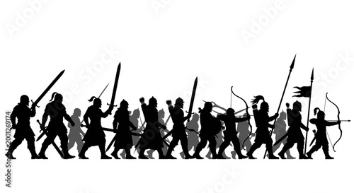 Silhouette Medieval Warriors Army Marching, Swords, Shields, Bows, Warfare