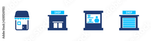 Retail shops icon set. store, shop, business, commerce, building. solid style icon collection.