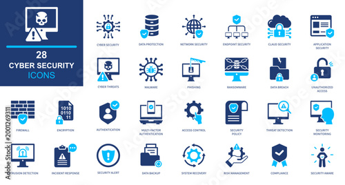 Cyber security icon set. protection, network, data, encryption, system. solid style icon collection.