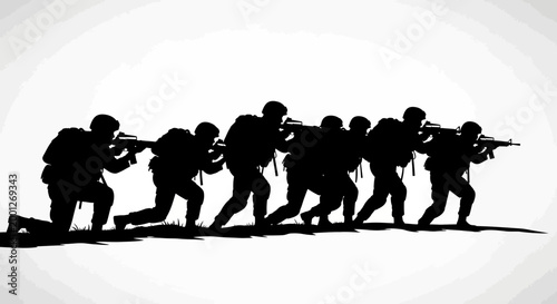 Silhouette of soldiers advancing with rifles, military action, team formation