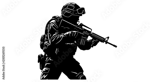Silhouette of Soldier Aiming Rifle, Military Special Forces Operator Silhouette