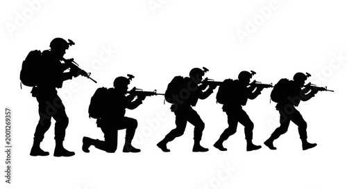 Silhouette of Soldiers Advancing with Rifles, Military Team Formation on White Background