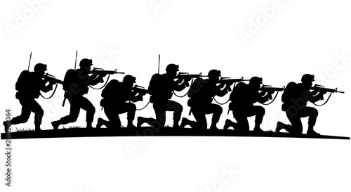 Silhouette of Soldiers Advancing with Rifles