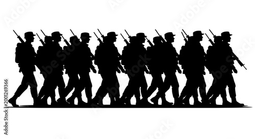 Silhouette of Soldiers Marching in Formation with Rifles